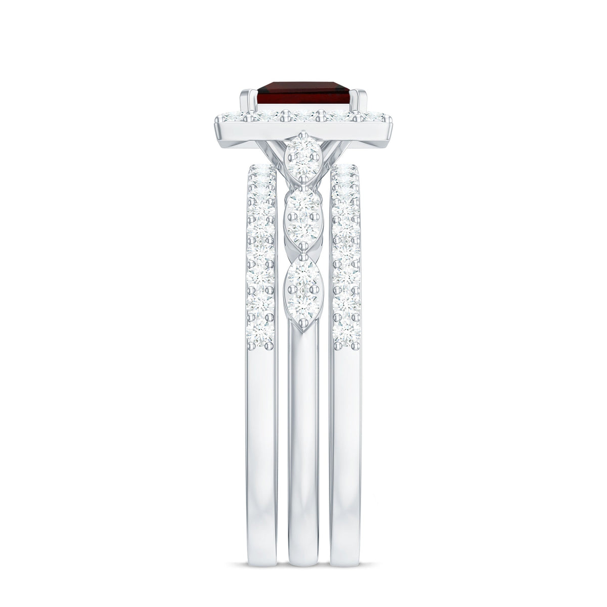 Genuine Princess Cut Garnet 3 Piece Bridal Ring Set with Moissanite