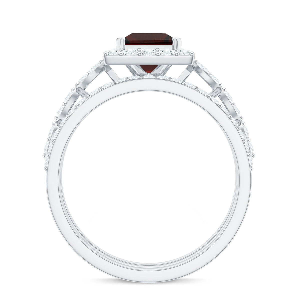 Genuine Princess Cut Garnet 3 Piece Bridal Ring Set with Moissanite