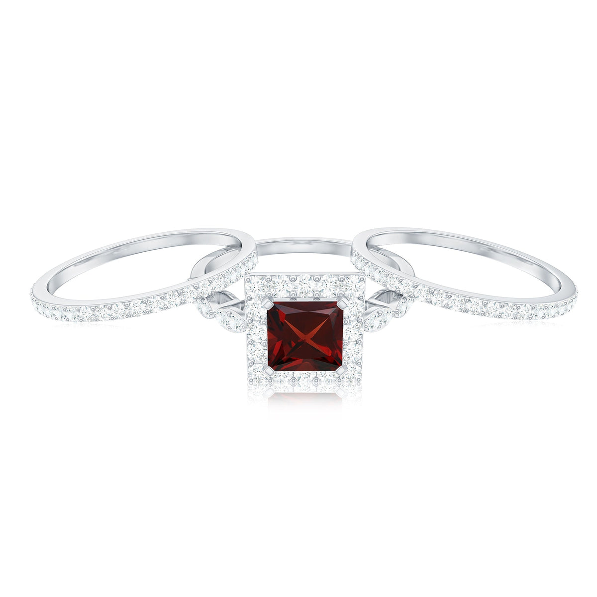 Genuine Princess Cut Garnet 3 Piece Bridal Ring Set with Moissanite