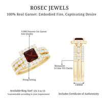 Genuine Princess Cut Garnet 3 Piece Bridal Ring Set with Moissanite