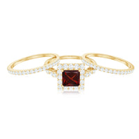 Genuine Princess Cut Garnet 3 Piece Bridal Ring Set with Moissanite