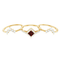 Natural Garnet Diamond 3 Piece Bridal Ring Set
