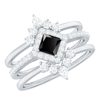 Certified 5mm Princess Cut Black Onyx Wedding Rings Set with Moissanite Band