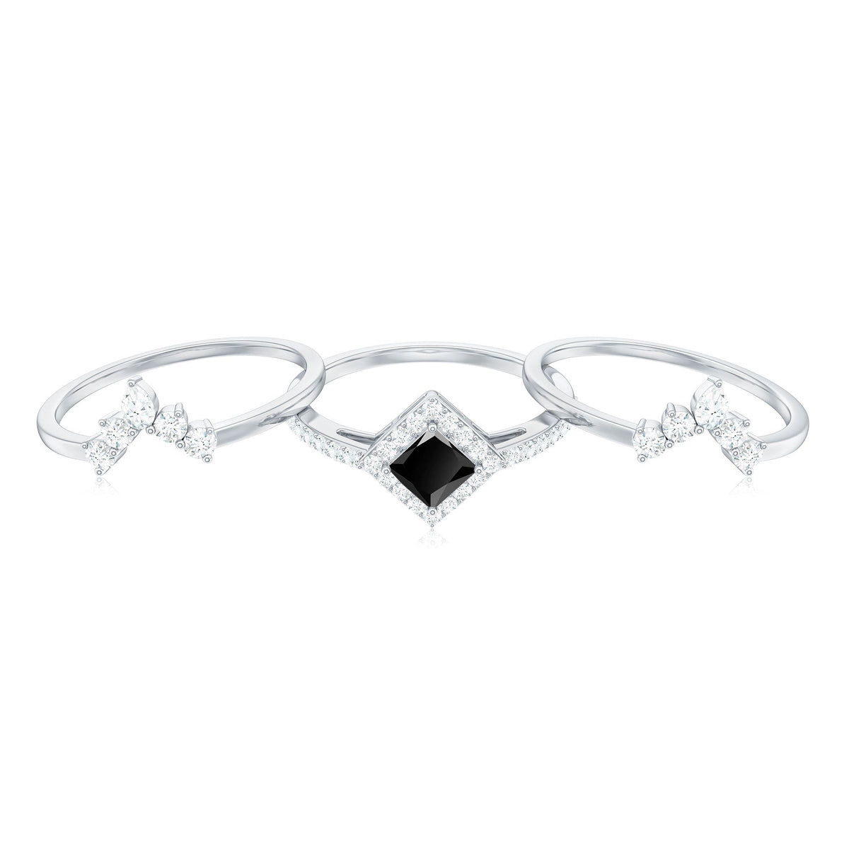 Certified 5mm Princess Cut Black Onyx Wedding Rings Set with Moissanite Band