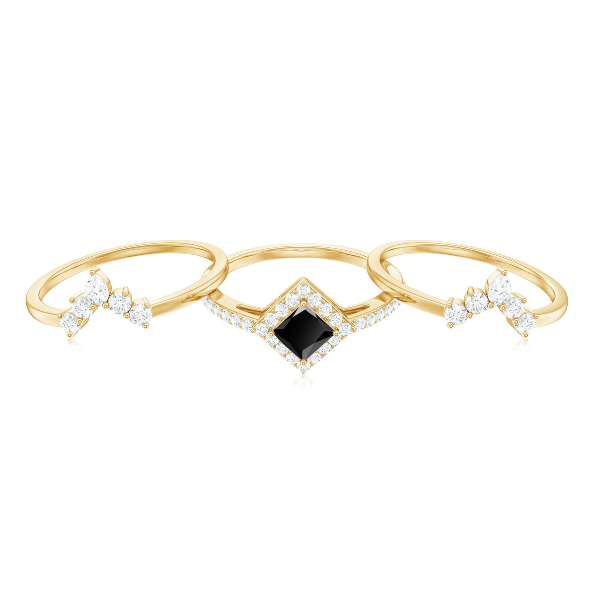 Certified 5mm Princess Cut Black Onyx Wedding Rings Set with Moissanite Band