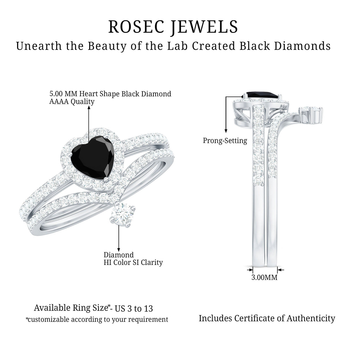 Created Black Diamond Heart Engagement Ring Set with Diamond