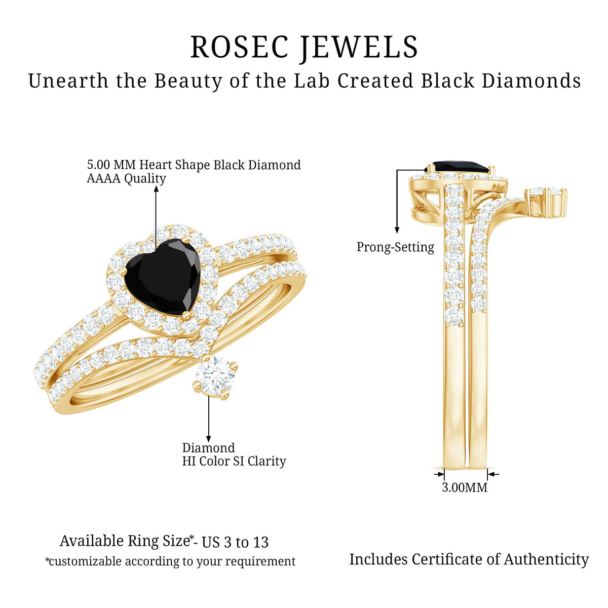 Created Black Diamond Heart Engagement Ring Set with Diamond