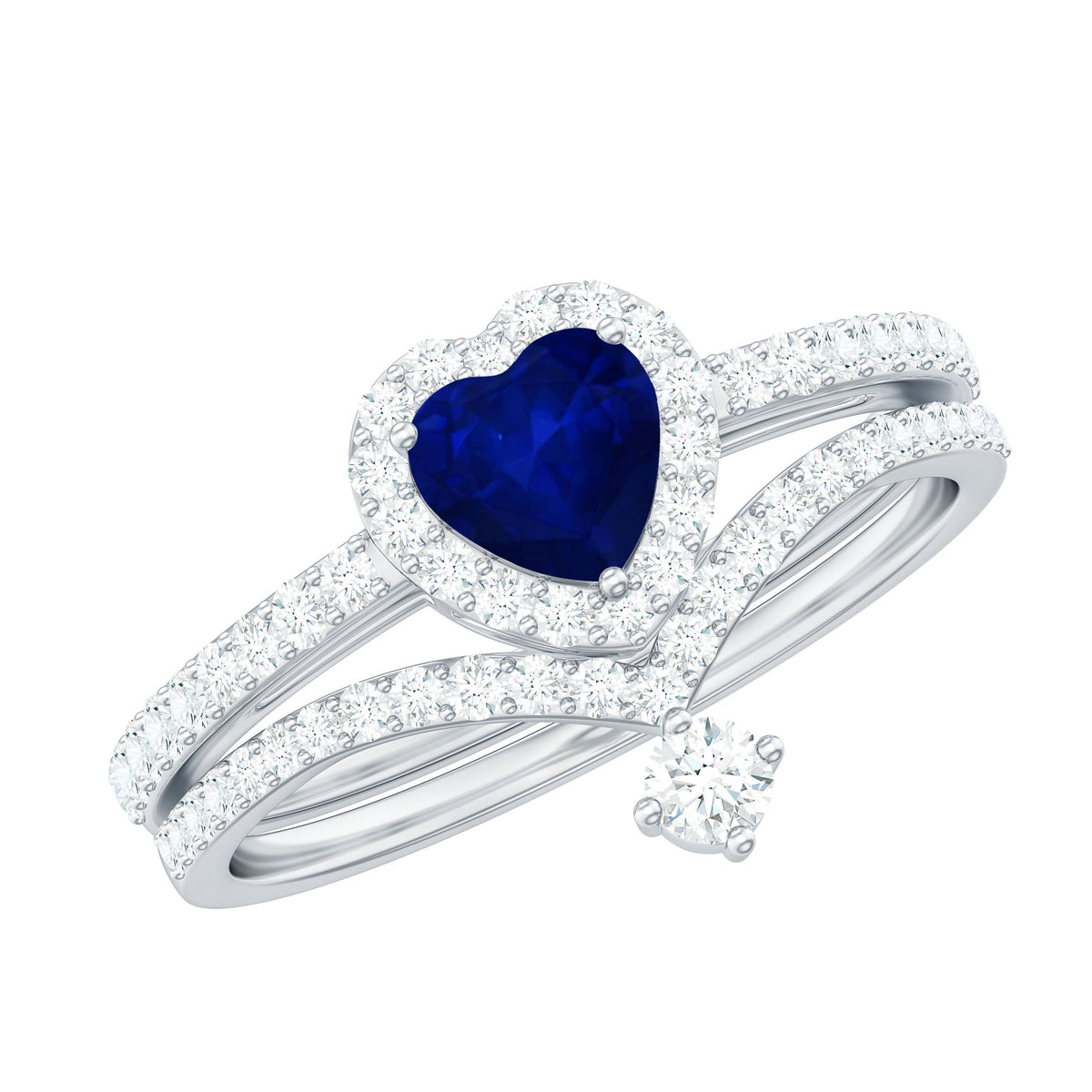 Real Heart Shape Blue Sapphire and Diamond Halo Wedding Ring Set