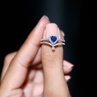 Real Heart Shape Blue Sapphire and Diamond Halo Wedding Ring Set