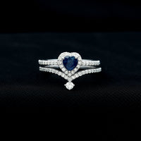 Real Heart Shape Blue Sapphire and Diamond Halo Wedding Ring Set
