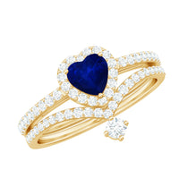 Real Heart Shape Blue Sapphire and Diamond Halo Wedding Ring Set