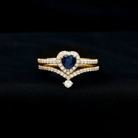 Real Heart Shape Blue Sapphire and Diamond Halo Wedding Ring Set