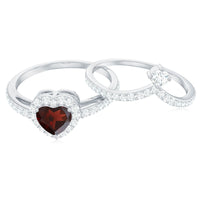 Natural Garnet Diamond Heart Engagement Ring Wedding Band Set
