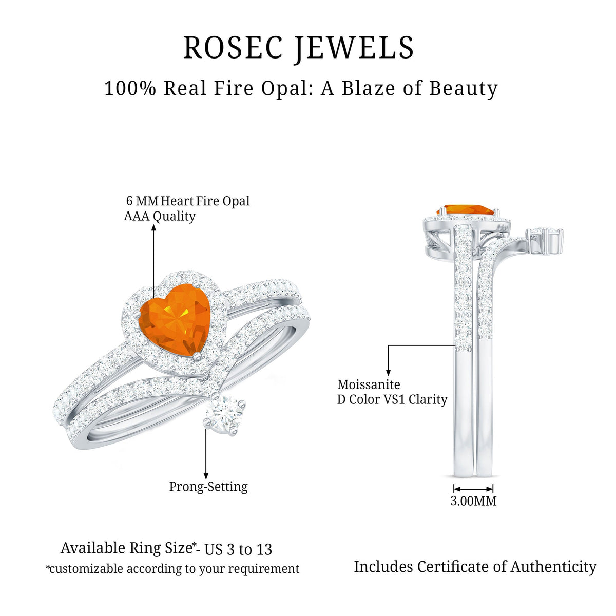 Heart Shape Fire Opal Ring Set with Moissanite