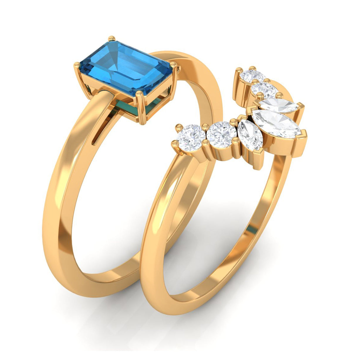 4X6mm Emerald Cut London Blue Topaz Solitaire Ring Set with Diamond
