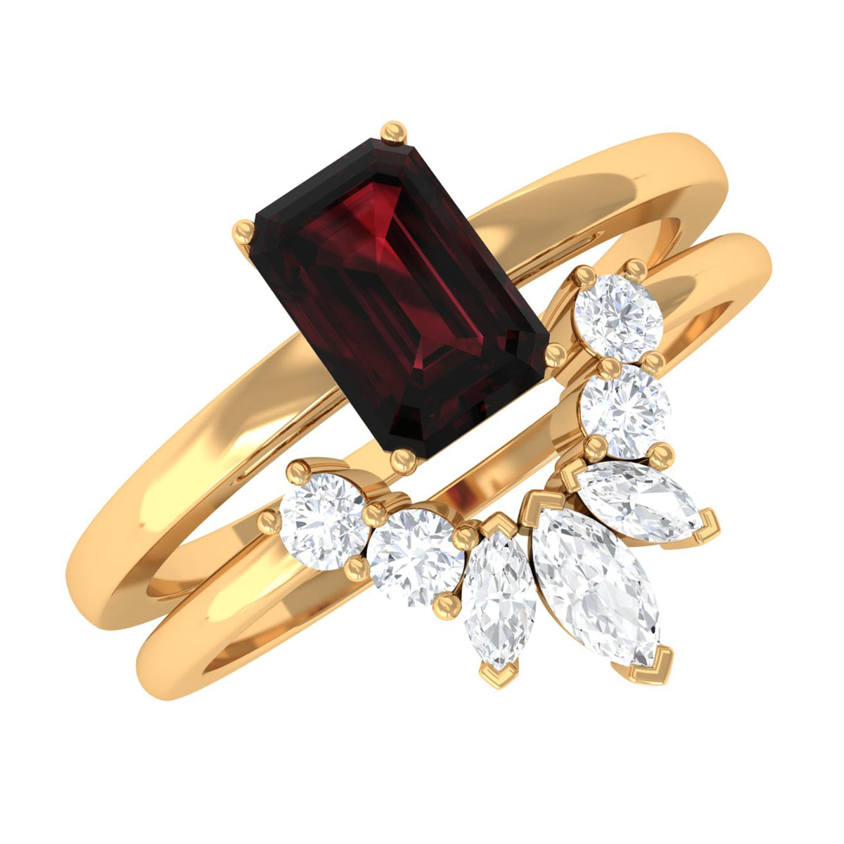Genuine Garnet Diamond Emerald Cut Engagement Ring with Wedding Band
