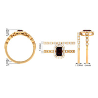 Vintage Looking Garnet Diamond Emerald Cut Wedding Bridal Ring Set