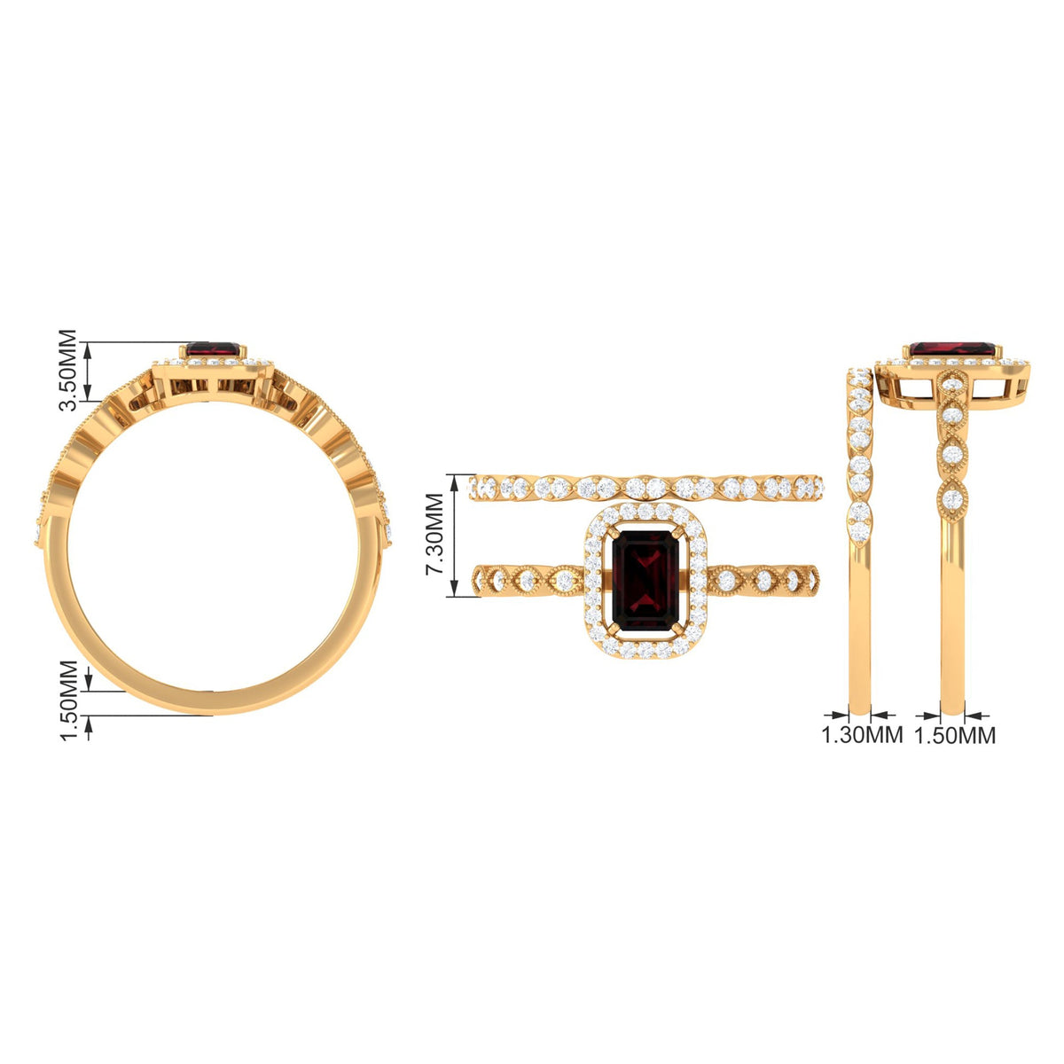 Vintage Looking Garnet Diamond Emerald Cut Wedding Bridal Ring Set