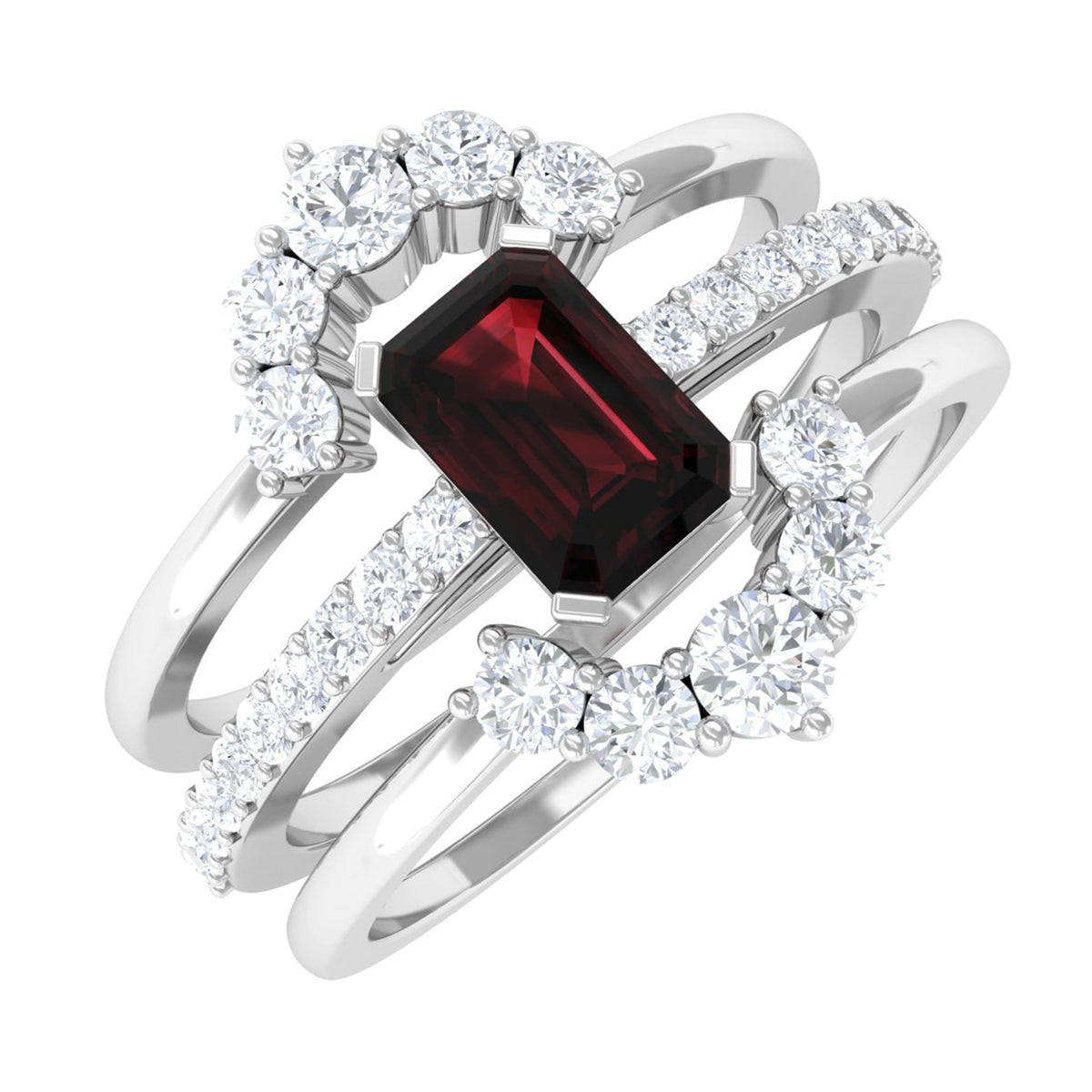 Natural Emerald Cut Garnet Diamond Trio Wedding Ring Set