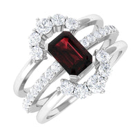 Natural Emerald Cut Garnet Diamond Trio Wedding Ring Set