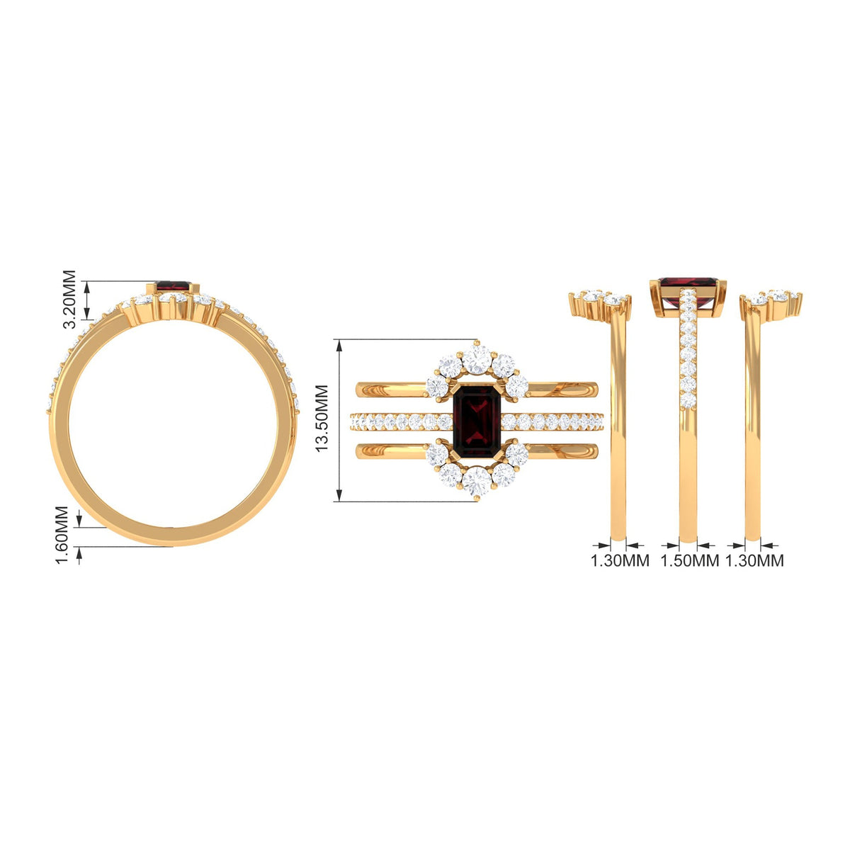 Natural Emerald Cut Garnet Diamond Trio Wedding Ring Set