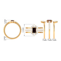 Natural Emerald Cut Garnet Diamond Trio Wedding Ring Set