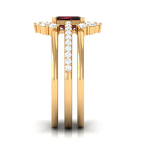 Natural Emerald Cut Garnet Diamond Trio Wedding Ring Set