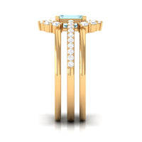 Certified Emerald Cut Real Aquamarine Trio Wedding Ring Set with Diamond