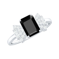 1.6 Carat Lab Grown Black Diamond Emerald Cut Engagement Ring with White Diamond Bow