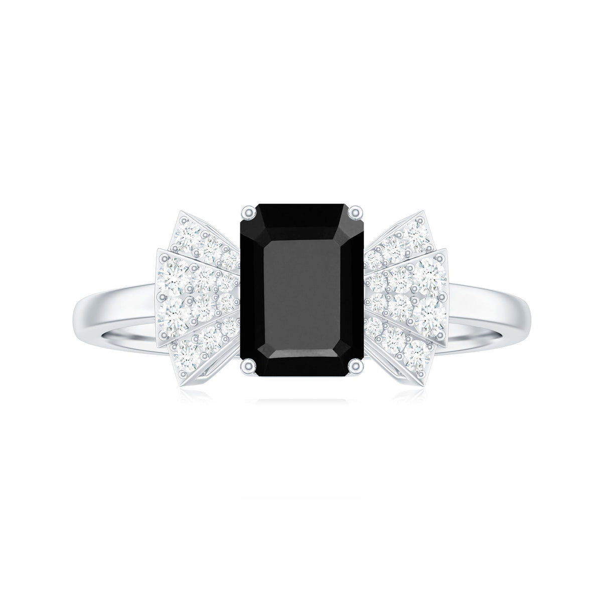 1.6 Carat Lab Grown Black Diamond Emerald Cut Engagement Ring with White Diamond Bow