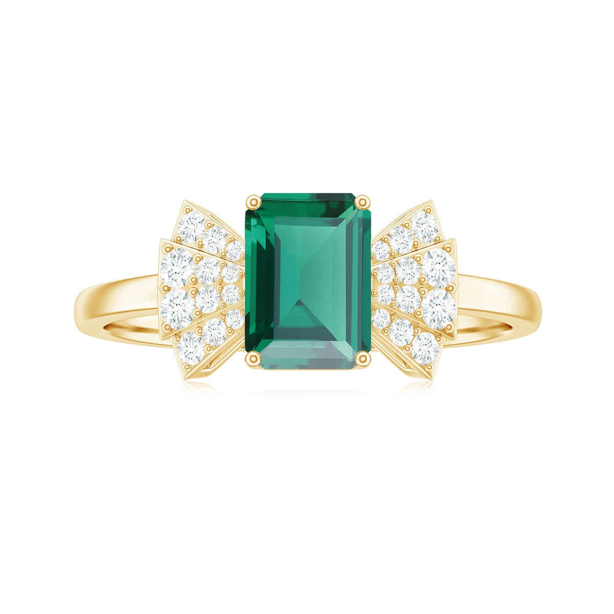 Designer Lab Grown Emerald Cut Emerald Engagement Ring with Bow Diamond