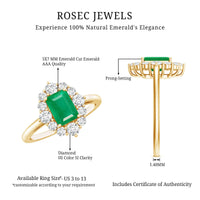 Certified Real Emerald Cut Emerald Engagement Ring with Diamond Halo