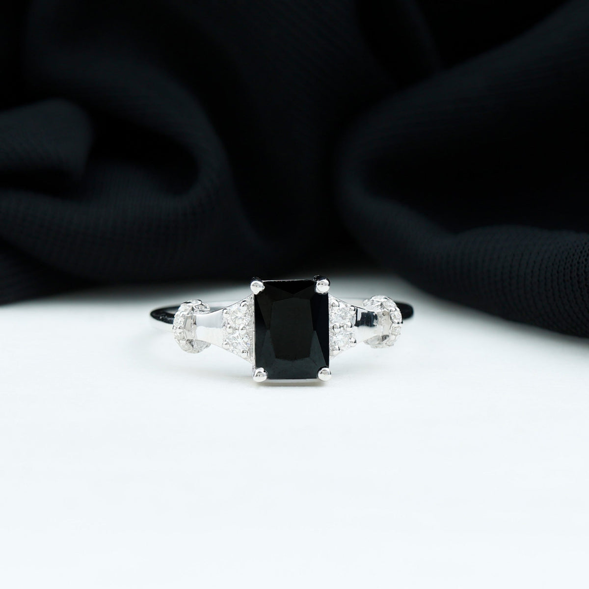 Emerald Cut Black Onyx Engagement Ring with Diamond