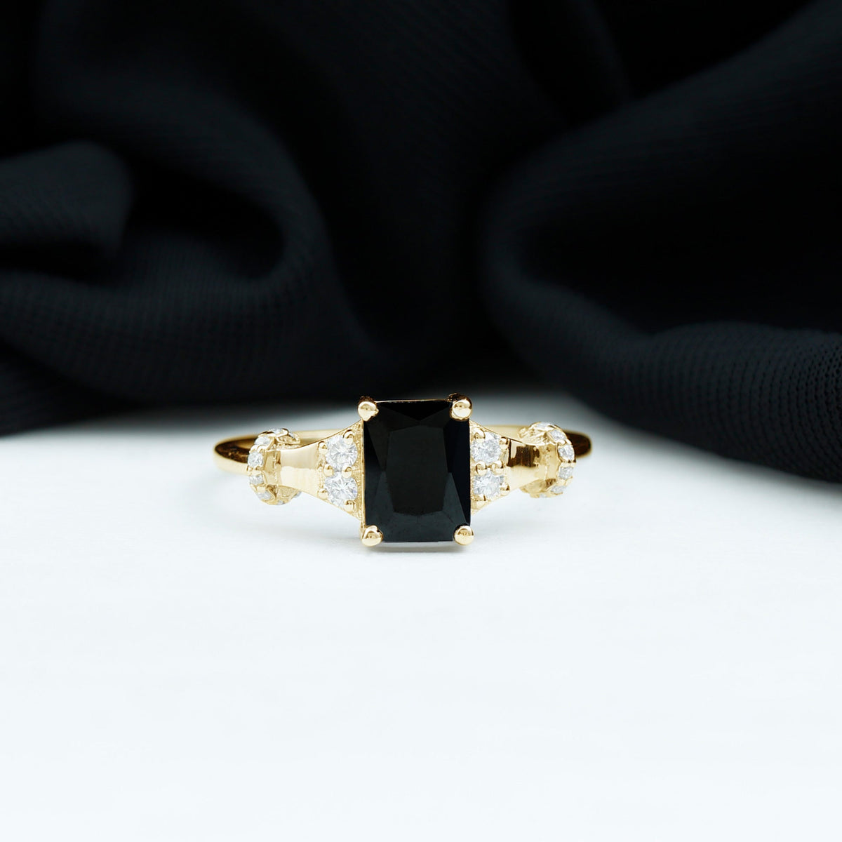 Emerald Cut Black Onyx Engagement Ring with Diamond