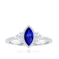 Vintage Style 0.7 Carat Lab Grown Blue Sapphire Marquise Engagement Ring with Diamond Trio