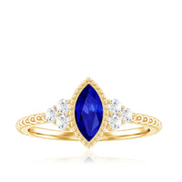 Vintage Style 0.7 Carat Lab Grown Blue Sapphire Marquise Engagement Ring with Diamond Trio
