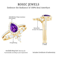 Natural Pear Shape Amethyst Wedding Bridal Ring Set with Certificate