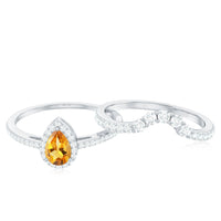 Natural Citrine Teardrop Engagement Ring with Wedding Band