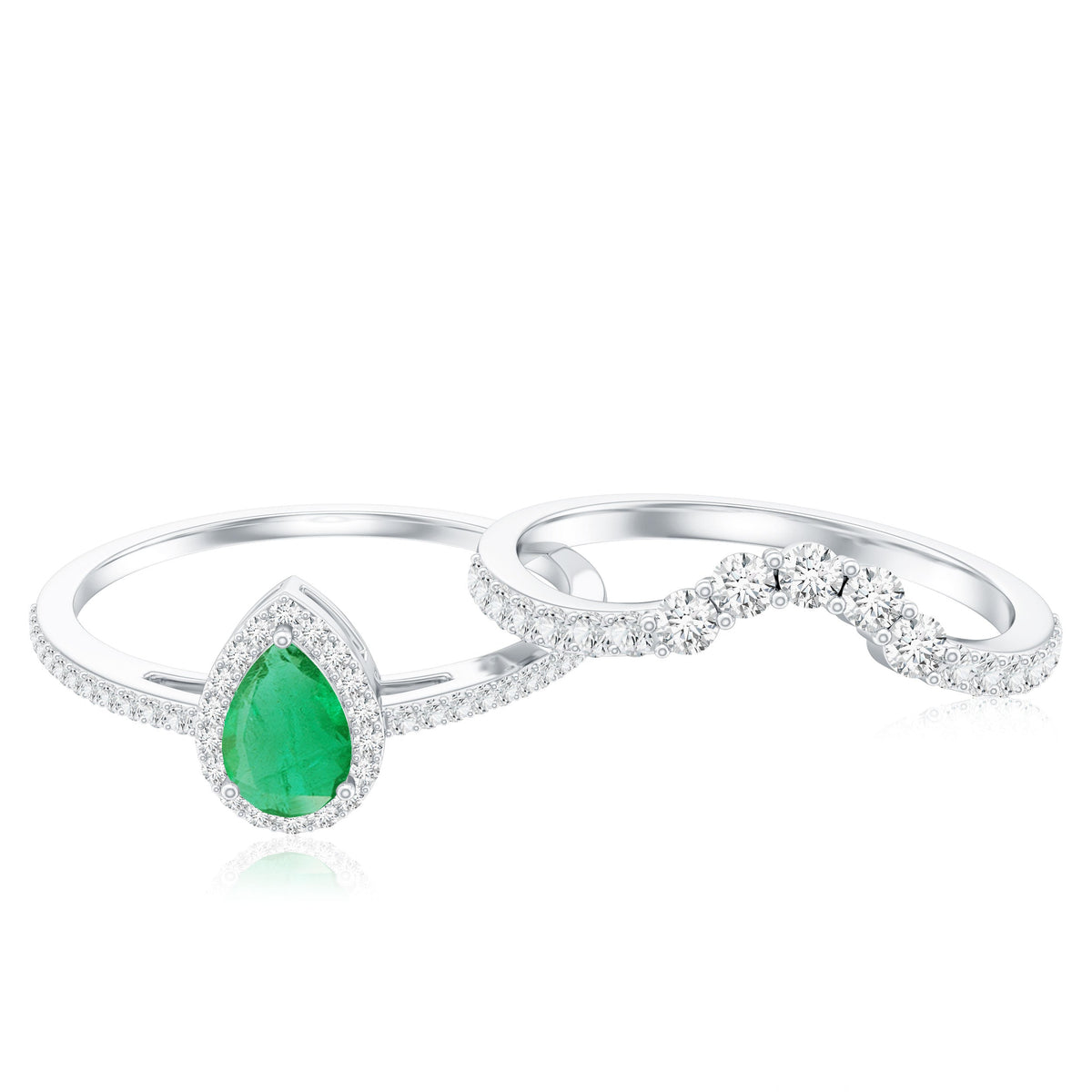 Natural Emerald Diamond Pear Shaped Engagement Wedding Ring Set of 2
