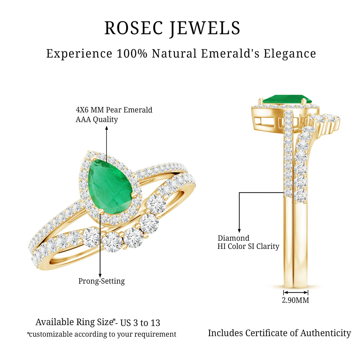 Natural Emerald Diamond Pear Shaped Engagement Wedding Ring Set of 2