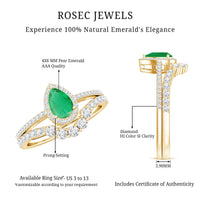 Natural Emerald Diamond Pear Shaped Engagement Wedding Ring Set of 2