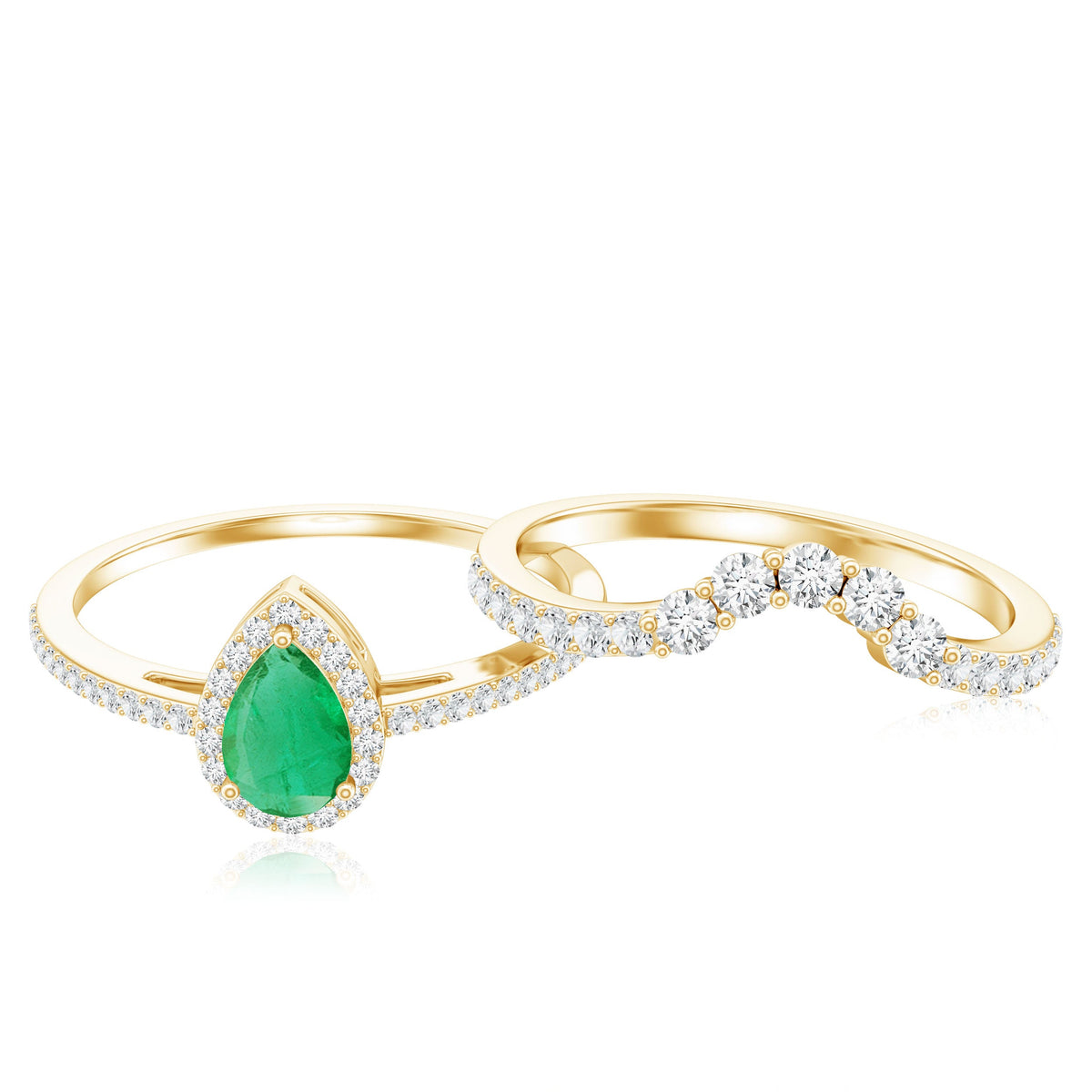Natural Emerald Diamond Pear Shaped Engagement Wedding Ring Set of 2