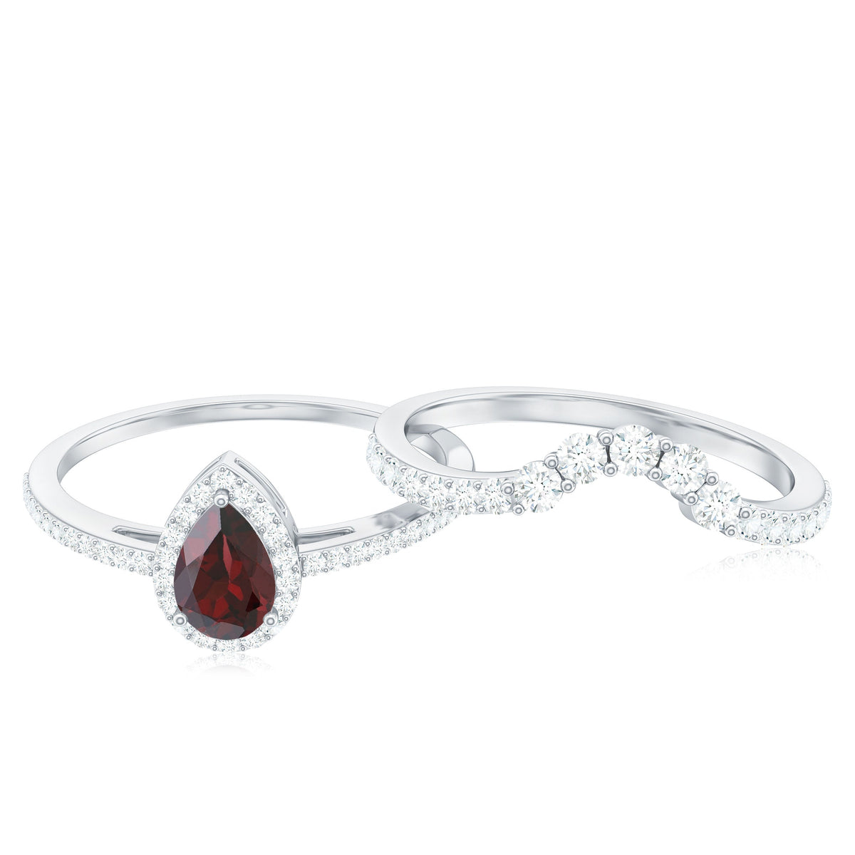 Natural 5X7mm Pear Shape Garnet Diamond Wedding Engagement Ring Set