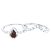 Natural 5X7mm Pear Shape Garnet Diamond Wedding Engagement Ring Set