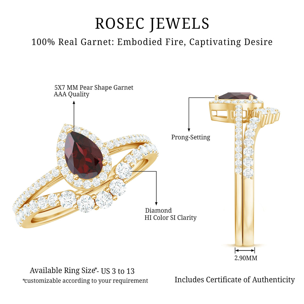 Natural 5X7mm Pear Shape Garnet Diamond Wedding Engagement Ring Set