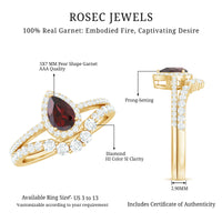 Natural 5X7mm Pear Shape Garnet Diamond Wedding Engagement Ring Set