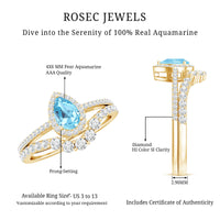 Genuine Aquamarine Teardrop Bridal Ring Set with Diamond Halo