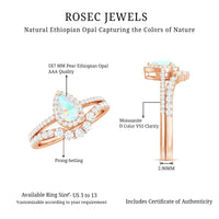 Certified Natural Ethiopian Opal Teardrop Wedding Engagement Ring Set of 2