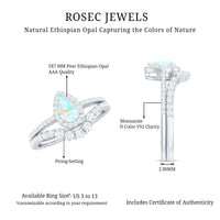 Certified Natural Ethiopian Opal Teardrop Wedding Engagement Ring Set of 2