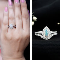Certified Natural Ethiopian Opal Teardrop Wedding Engagement Ring Set of 2